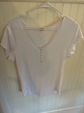 Zenana Outfitters White Short Sleeve Henley Tee with Button Placket